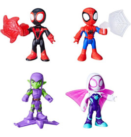 Vier Superhelden-Actionfiguren, darunter Spider-Man-Charaktere, stehen auf weißem Hintergrund.