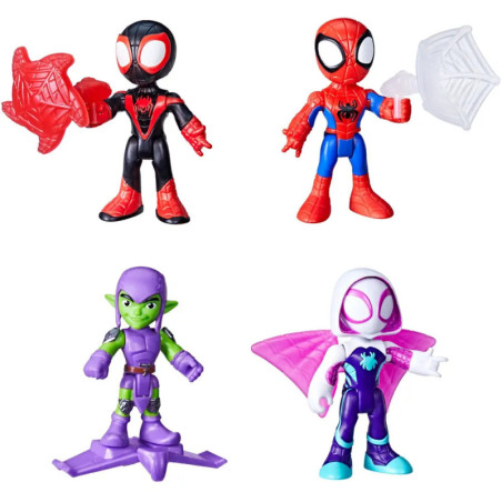Vier Superhelden-Actionfiguren, darunter Spider-Man-Charaktere, stehen auf weißem Hintergrund.