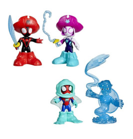 Vier bunte Spider-Man-Figuren: zwei Piraten und zwei durchsichtige, wasserähnliche Charaktere.
