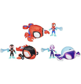 Drei Spider-Man-Figuren mit passenden Krabben-, Fisch- und Kuppel-Fahrzeugen auf weißem Hintergrund.