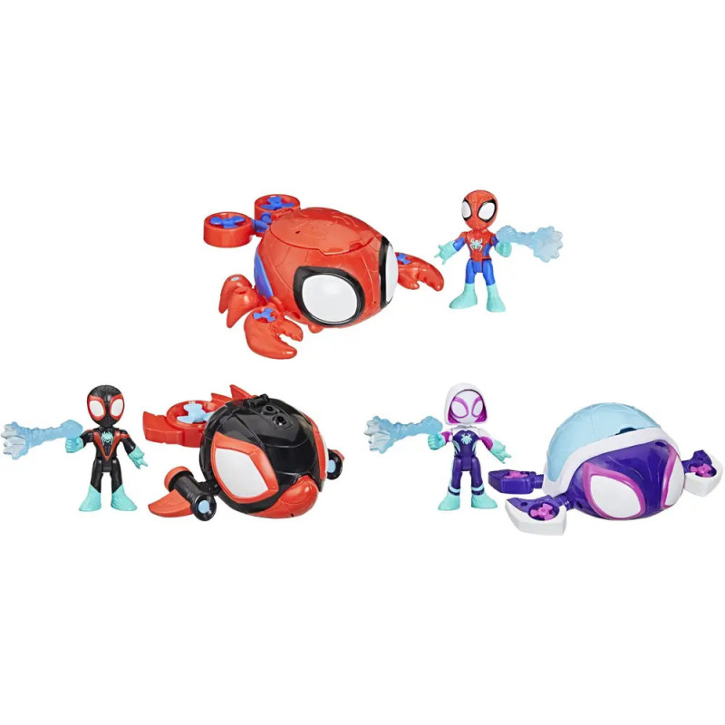 Drei Spider-Man-Figuren mit passenden Krabben-, Fisch- und Kuppel-Fahrzeugen auf weißem Hintergrund.