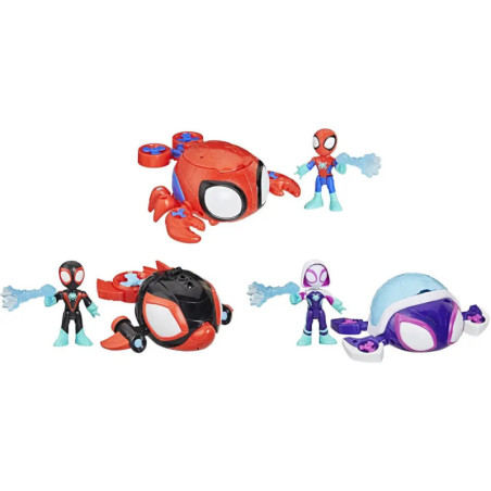 Drei Spider-Man-Figuren mit passenden Krabben-, Fisch- und Kuppel-Fahrzeugen auf weißem Hintergrund.