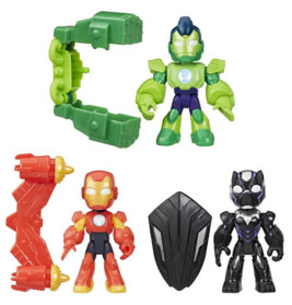 Drei Actionfiguren mit abnehmbarer Rüstung und Zubehör, darunter grüne, rote und schwarze Helden.