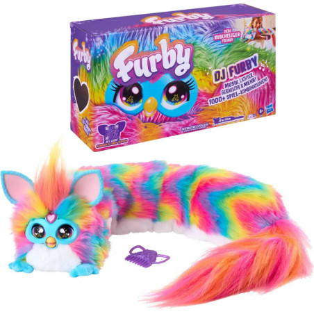Bunter Furby mit großen Augen und langem Schwanz, abgebildet mit Verpackung und lilafarbener Bürste.