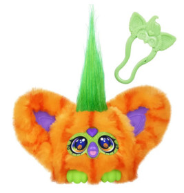 Flauschiges orangefarbenes Spielzeug mit lila Ohren, grünen Augen, hohem grünem Haar und Fledermaus-Clip.