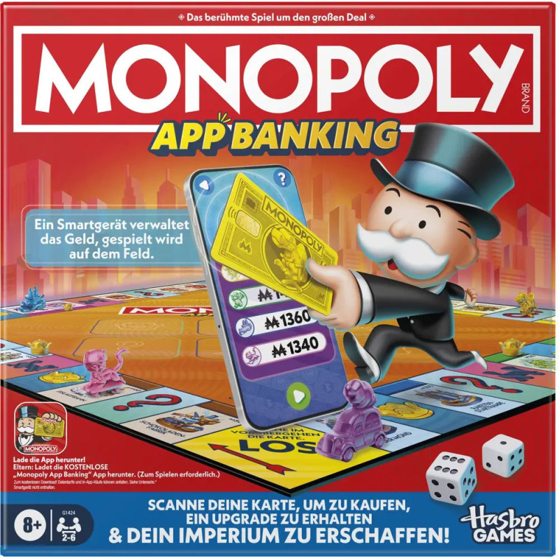 Monopoly App Banking Spielbox mit Mr. Monopoly, einer Karte und Smartphone-Anzeige auf dem Spielfeld. Monopoly App Banking Spielbox mit Mr. Monopoly, einer Karte und Smartphone-Anzeige auf dem Spielfeld.