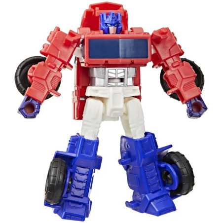 Rot-blauer und weißer Roboter mit LKW-Teilen steht aufrecht mit ausgestreckten Armen und Beinen.