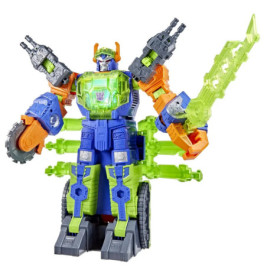 Bunter Roboter mit grünen, durchsichtigen Teilen, Schwert, großen Rädern und Waffen an den Armen.