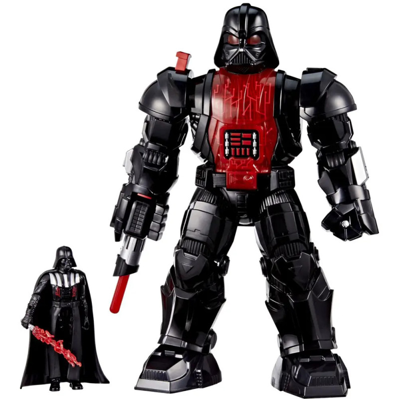 Zwei Darth-Vader-Figuren, eine normal, eine als großer Roboter, beide mit roten Lichtschwertern.