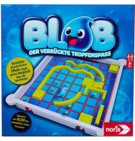Spielschachtel mit lächelndem blauen Wassertropfen, Labyrinth und Titel: BLOB Der verrückte Tropfenspaß.