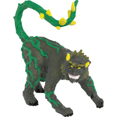 Fauchende Fantasie-Katze mit grünen Flecken, gelben Hörnern und dornigem Schwanz vor weißem Grund.