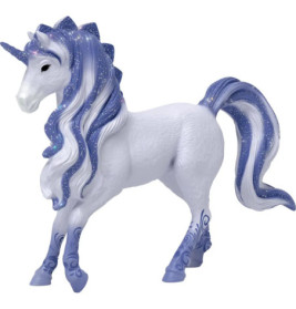 Weißes Einhorn-Spielzeug mit blau-silberner Glitzermähne, Schweif und verzierten Beinen.