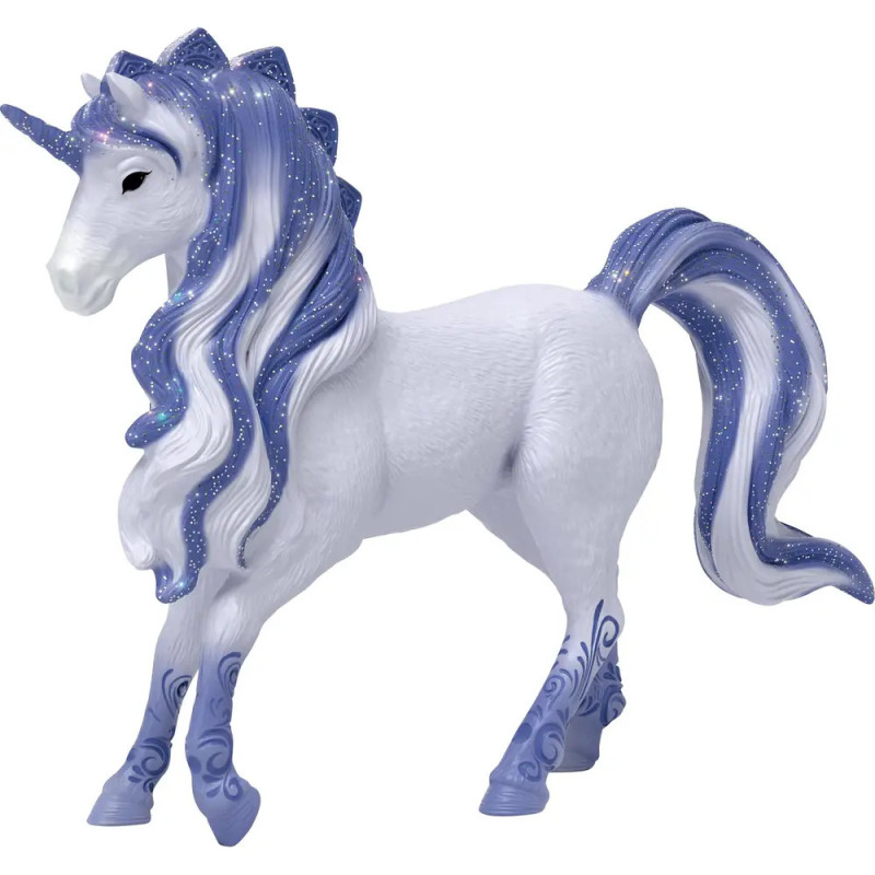 Weißes Einhorn-Spielzeug mit blau-silberner Glitzermähne, Schweif und verzierten Beinen. Weißes Einhorn-Spielzeug mit blau-silberner Glitzermähne, Schweif und verzierten Beinen.