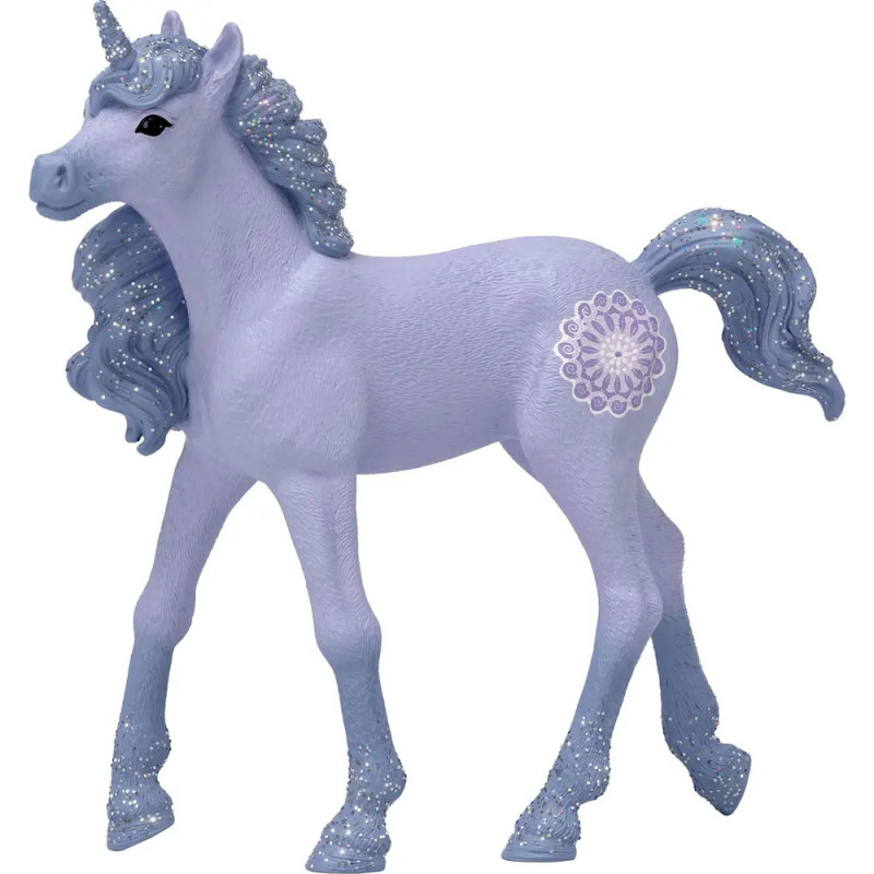 Lila Einhornspielzeug mit glitzernd blauer Mähne, Schweif, Hufen und Mandalamuster an der Seite.