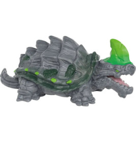 Grau gepanzertes Dinosaurierspielzeug mit grünen Stacheln, offenem Maul, ähnelt einem Ankylosaurus.