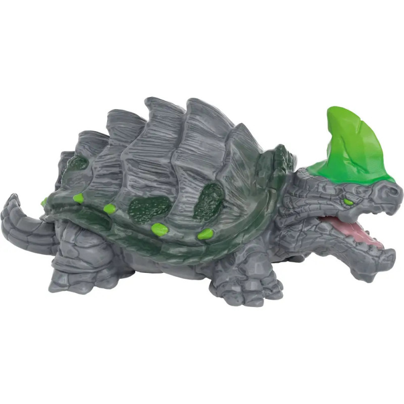 Grau gepanzertes Dinosaurierspielzeug mit grünen Stacheln, offenem Maul, ähnelt einem Ankylosaurus.