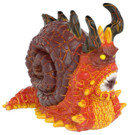 Fantasie-Schnecke mit Stachelschale, leuchtenden gelben Augen und feurig roter, orangener Haut.