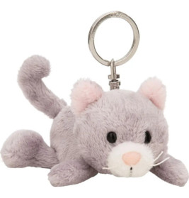 Plüschiger grauer Katzen-Schlüsselanhänger mit rosa Ohren und Nase, liegend mit geringeltem Schwanz.