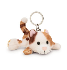 Plüsch-Katzenanhänger mit braun-weißem Fell, rosa Ohren und Metall-Schlüsselring.