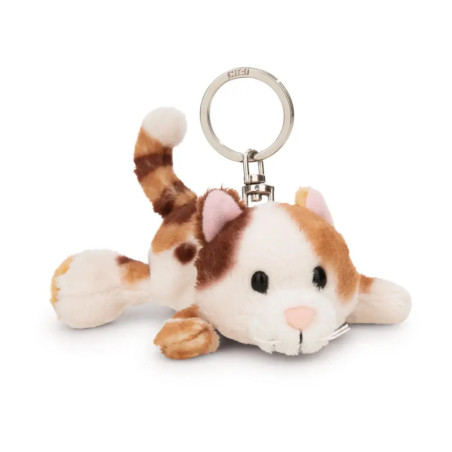 Plüsch-Katzenanhänger mit braun-weißem Fell, rosa Ohren und Metall-Schlüsselring.