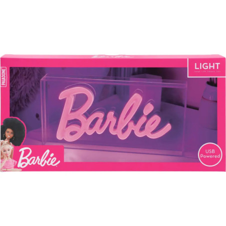 Pinkes Barbie-Neonlicht in Box mit Barbie-Logo und Hinweis auf USB-Anschluss auf der Verpackung.