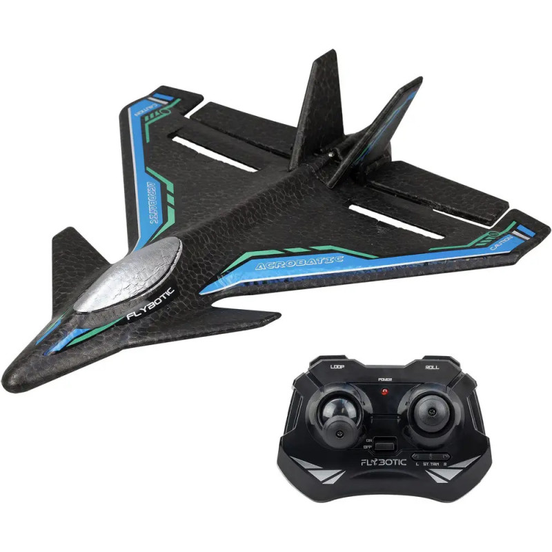 Schwarzes ferngesteuertes Spielzeugflugzeug mit blauen und grünen Akzenten, inkl. passender Fernbedienung.