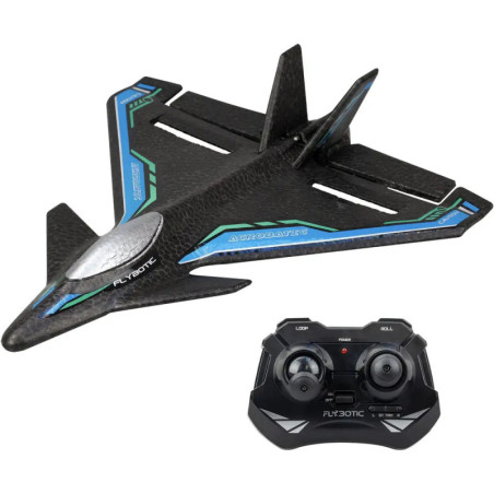 Schwarzes ferngesteuertes Spielzeugflugzeug mit blauen und grünen Akzenten, inkl. passender Fernbedienung.