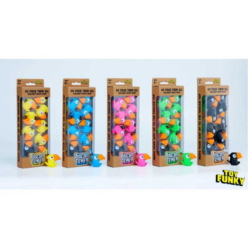 Fünf Boxen mit bunten Tukan-Stapelfiguren, je 10 Tukane in verschiedenen Farben pro Box.