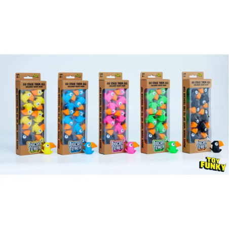 Fünf Boxen mit bunten Tukan-Stapelfiguren, je 10 Tukane in verschiedenen Farben pro Box.