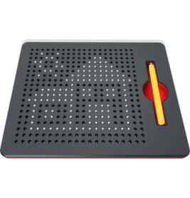 Magnetisches Zeichentablett mit gelbem Stift und erhabenen Silberkugeln in Musteranordnung.