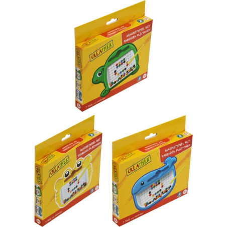 Drei gelbe Kreathek-Spielboxen in Schildkröten-, Fisch- und Walform mit bunten Steckbrettern.