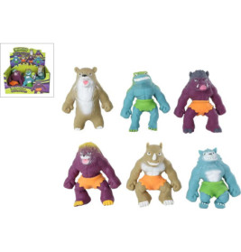 Sechs bunte Monster- und Tierfiguren mit großen Armen und orangefarbenen Shorts samt Box.