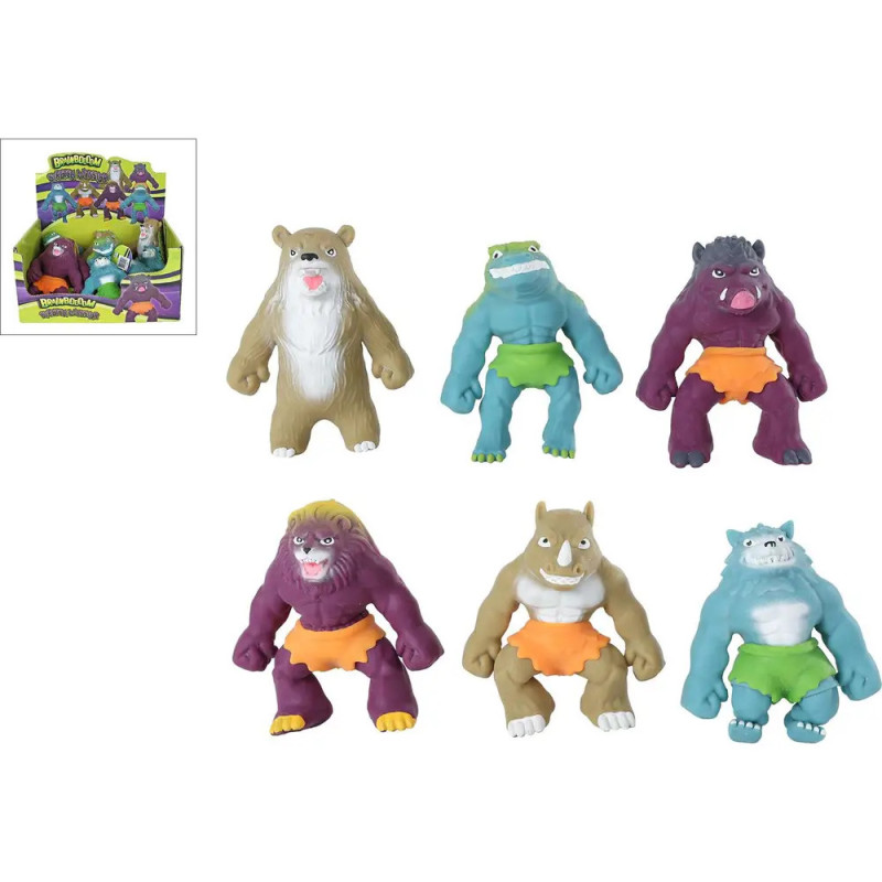 Sechs bunte Monster- und Tierfiguren mit großen Armen und orangefarbenen Shorts samt Box.