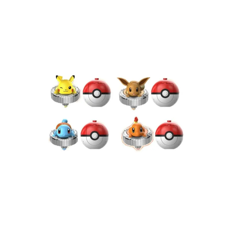 Vier Pokébälle mit Figuren von Pikachu, Evoli, Schiggy und Glumanda auf weißem Hintergrund.