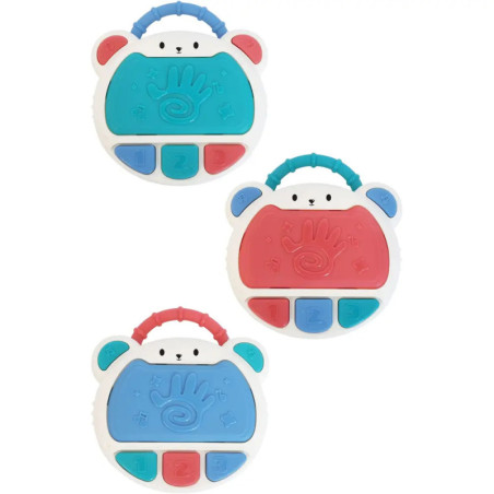 Drei bärenförmige Musikspielzeuge in Blau und Rot mit nummerierten Tasten und Griff.