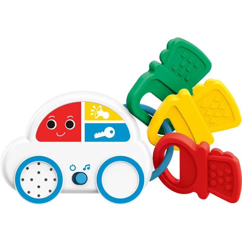 Autoschlüsselanhänger mit freundlichem Gesicht, drei bunten Schlüsseln (grün, gelb, rot) und farbigen Knöpfen.