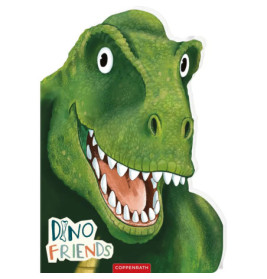 Abbildung eines lächelnden grünen Dinos mit großen Augen und scharfen Zähnen, unten steht Dino Friends.