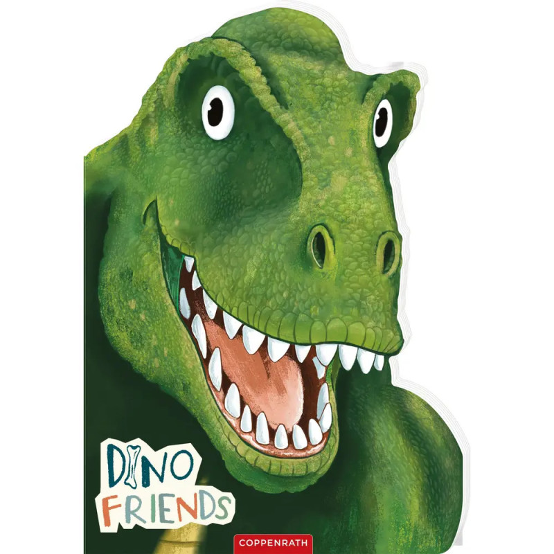 Abbildung eines lächelnden grünen Dinos mit großen Augen und scharfen Zähnen, unten steht Dino Friends. Abbildung eines lächelnden grünen Dinos mit großen Augen und scharfen Zähnen, unten steht Dino Friends.
