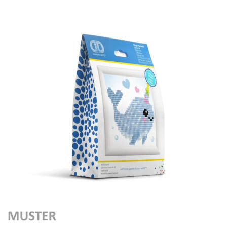 Box mit Pixel-Art-Blauwal, Regenbogenhorn, Herzen und blauem Blasenmuster an der Seite.