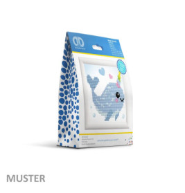 Bastelset mit Pixel-Art-Narwal in Blau, Regenbogenhorn und bunten Herzen auf der Verpackung.