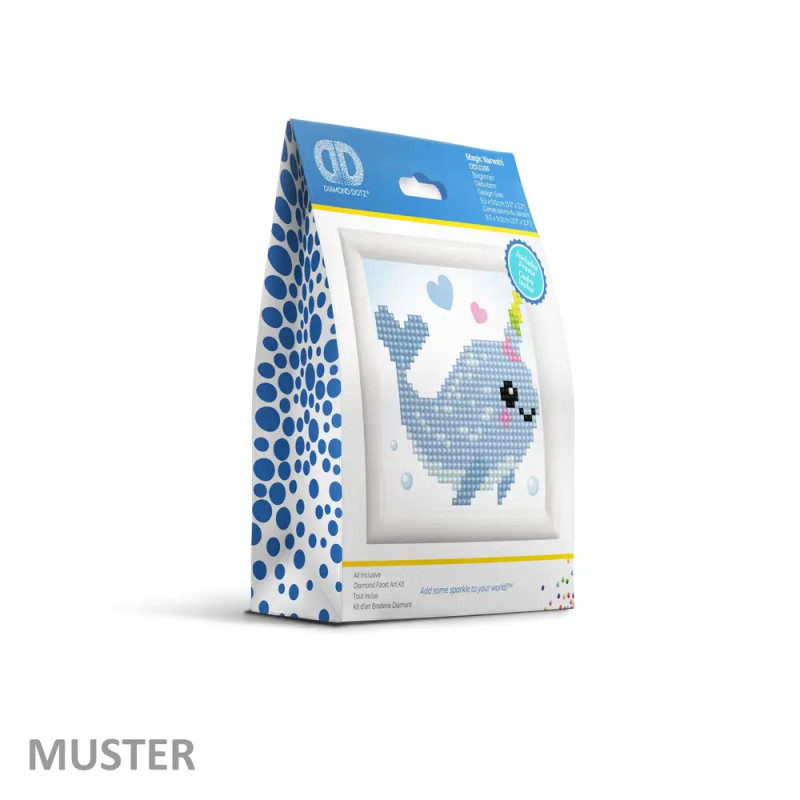 Bastelset mit Pixel-Art-Narwal in Blau, Regenbogenhorn und bunten Herzen auf der Verpackung.