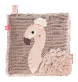 Weiches, strukturiertes rosa Stoffbuch mit besticktem Flamingo und flauschigen Details auf dem Umschlag.