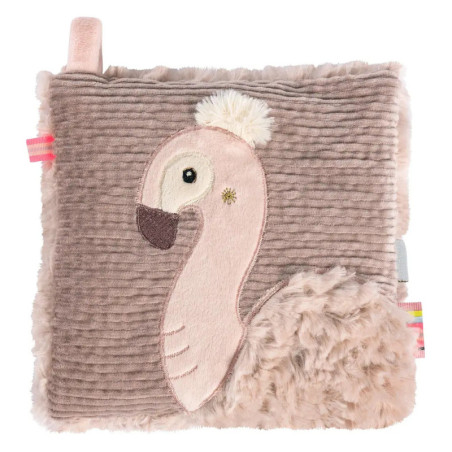 Weiches, strukturiertes rosa Stoffbuch mit besticktem Flamingo und flauschigen Details auf dem Umschlag.