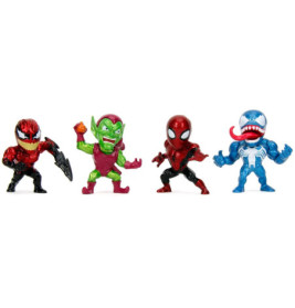 Vier kleine Spielfiguren von Carnage, Green Goblin, Spider-Man und Venom stehen nebeneinander auf Weiß.