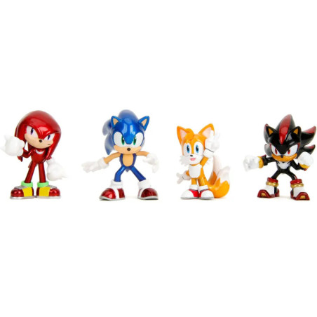 Vier Sonic the Hedgehog Figuren - Knuckles, Sonic, Tails und Shadow - stehen in einer Reihe.