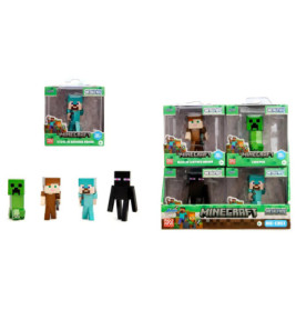 Minecraft-Spielzeugfiguren und Verpackung mit den Charakteren Steve, Alex, Enderman und Creeper.