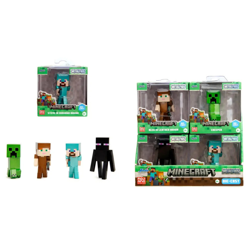 Minecraft-Spielzeugfiguren und Verpackung mit den Charakteren Steve, Alex, Enderman und Creeper.