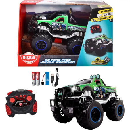 RC Ford F150 Monstertruck mit Fernbedienung, Batterien und Ladegerät, in und außerhalb der Verpackung.