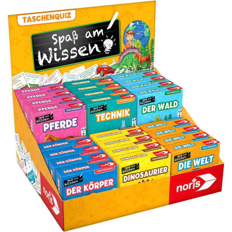 Display-Box mit bunten Taschenquiz-Kartenspielen auf Deutsch zu Tieren, Technik und Dinosauriern.