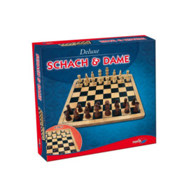 Blaue Box mit Aufschrift Schach & Dame und Abbildung eines Schach- und Dame-Spiels auf dem Deckel.